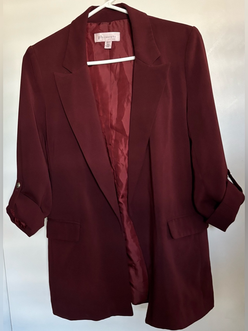 Philosophy Blazer Women XS Dark Red Burgundy Roll-Tab Sleeve Open Front Jacket